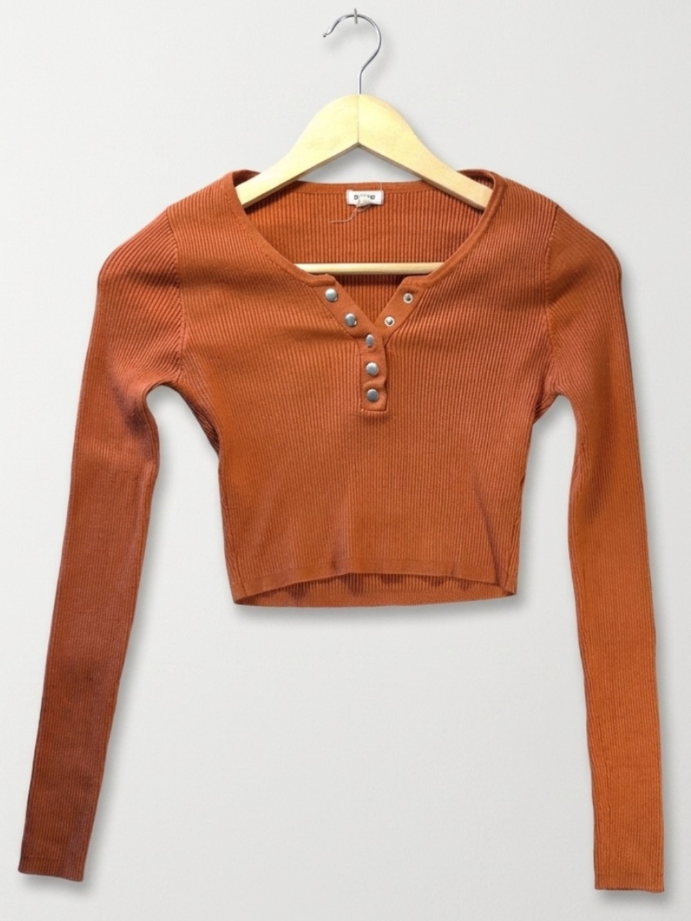 Garage Burnt Orange Ribbed Henley Crop Top Long Sleeve Button Front Y2K Small
